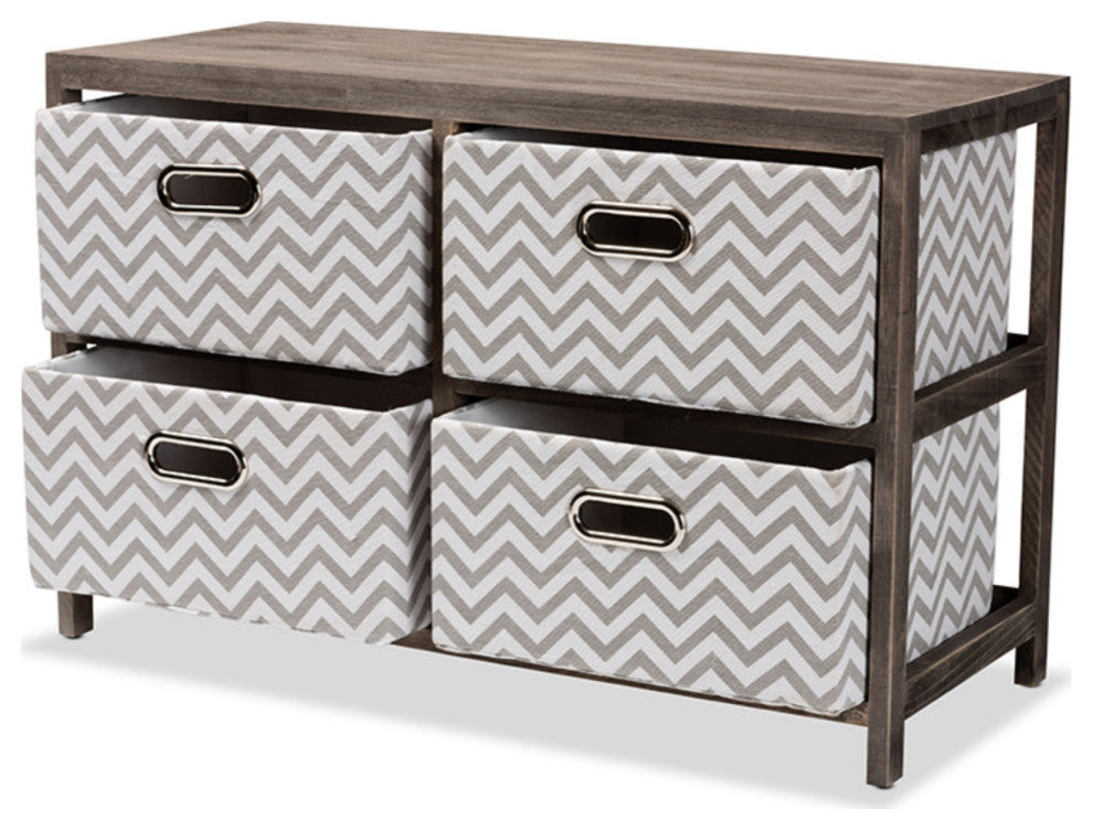Jorah Gray And White Fabric Upholstered Graywashed Wood 4-Basket Storage Unit
