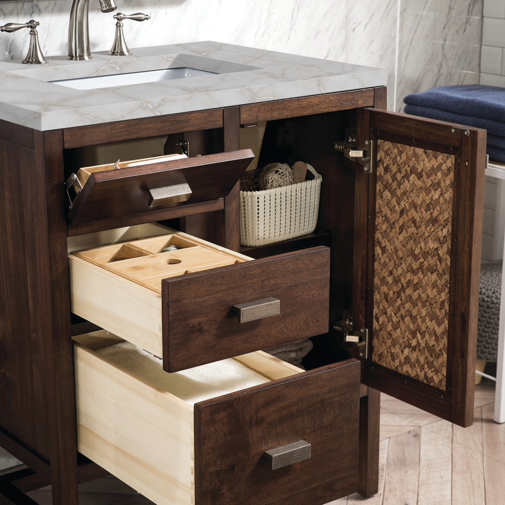 Addison 30" Single Vanity Cabinet, Mid-Century Acacia, Victorian Silver, Three-Hole