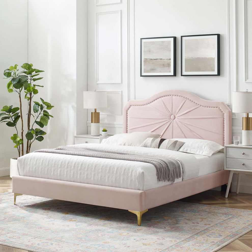 Platform Bed Frame, Twin Size, Velvet, Pink, Modern Contemporary, Bedroom Master