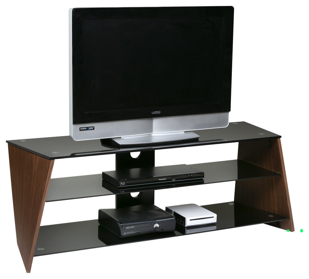 Twisted Wood TV Stand, Black Tempered Glass, Walnut Veneer