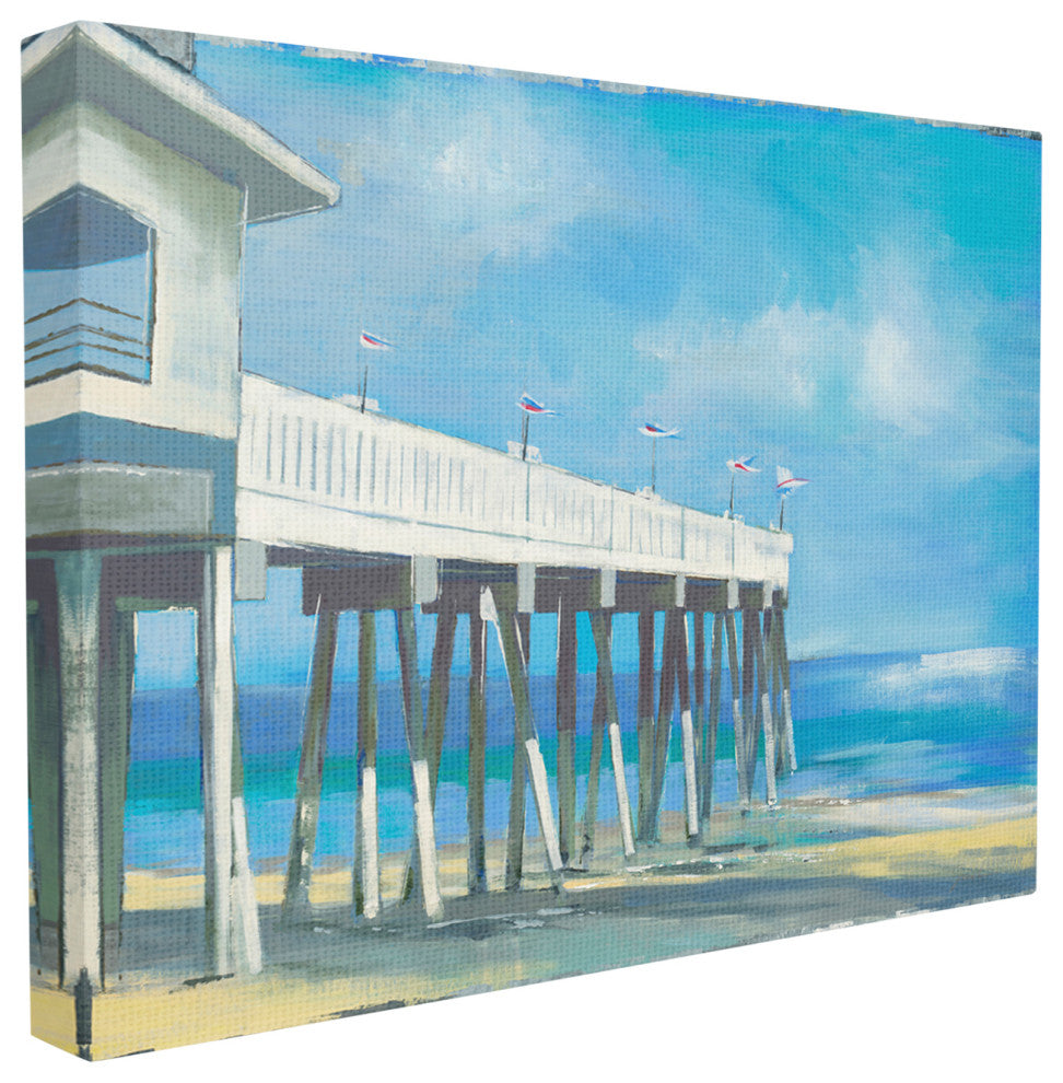 Beach Boardwalk Ocean Blue Landscape Painting, 16"x20", Canvas Art