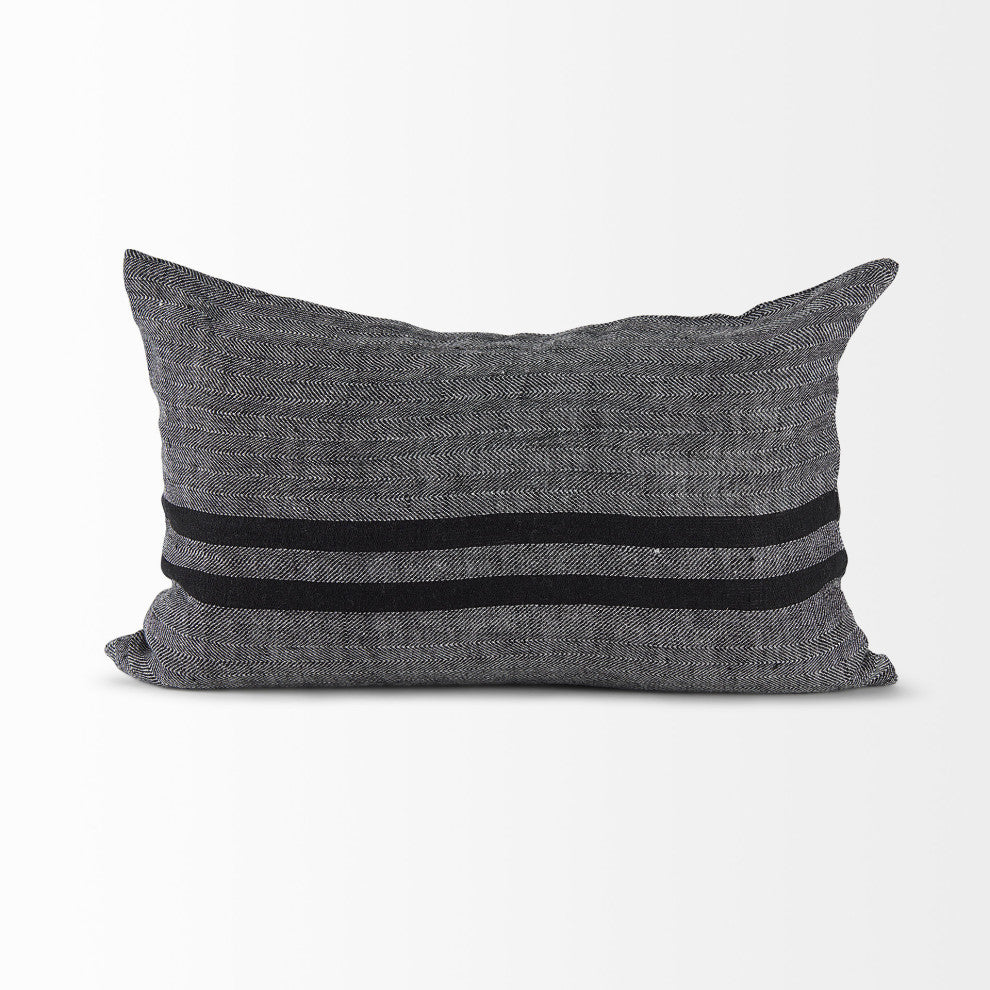Sibyl 13"Lx21"W Black Fabric Striped/White Fringed Decorative Pillow Cover