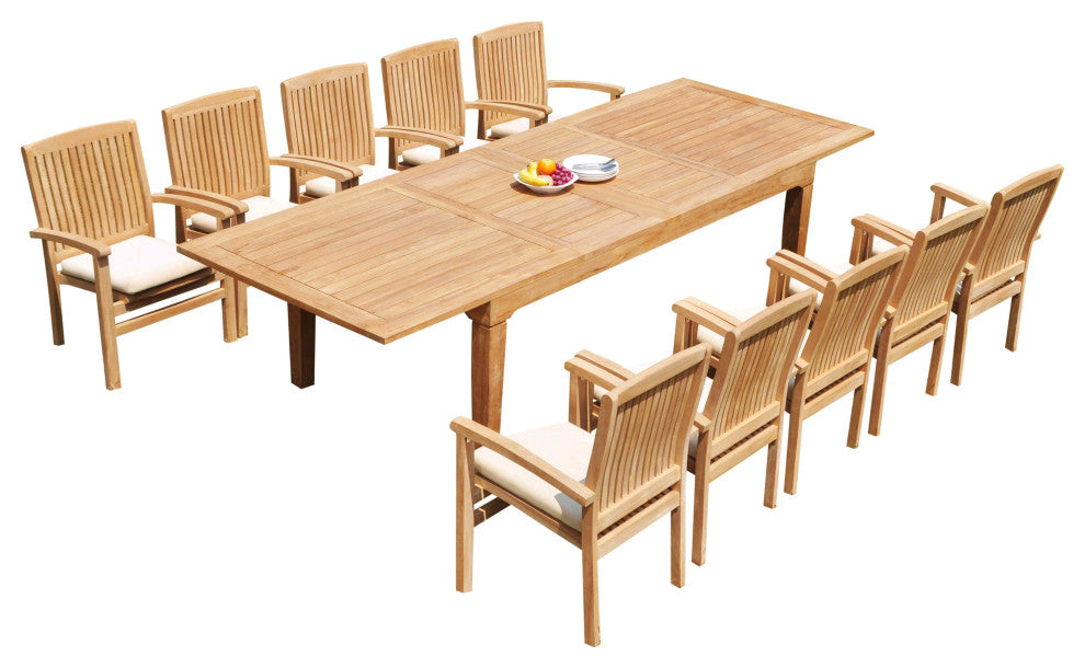 11-Piece Outdoor Teak Dining Set: 122" Rectangle Table, 10 Wave Stacking Chairs