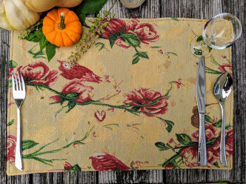 Seasonal Floral Woven Fabric Tapestry Kitchen Table Mats Cloth Placemats, Yellow Floral