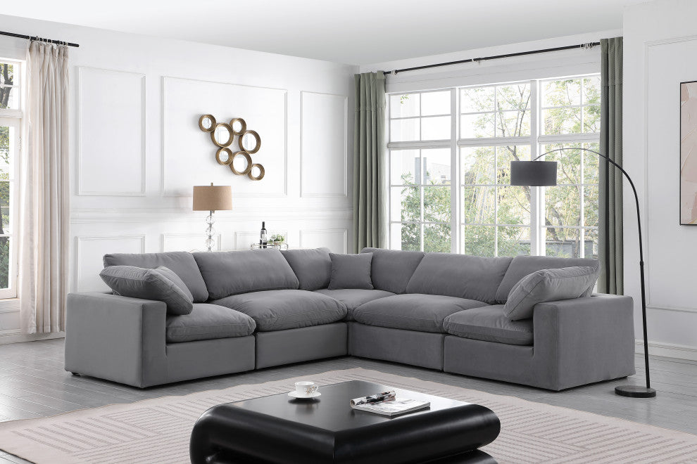 Comfy Upholstered L-Shaped Modular Sectional, Grey, 5-Piece: 2 Armless Chair, 3 Corner Chair, Velvet
