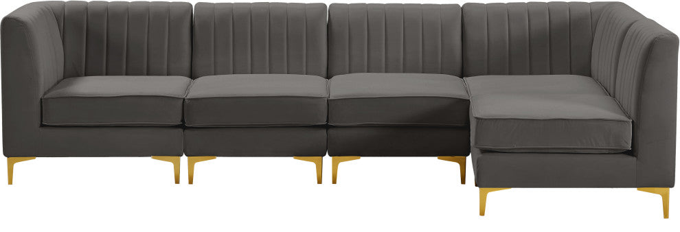 Alina Velvet Modular L-Shaped Modular Sectional, Grey, 5-Piece: 3 Armless Chair, 2 Corner Chair
