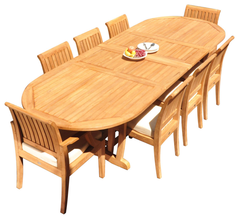 9-Piece Outdoor Patio Teak Dining Set: 117" Masc Oval Extn Table, 8 Lagos Chairs