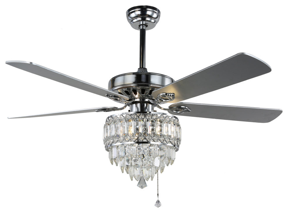 52" Black Crystal Reversible Ceiling Fan with 5 Wood Blades and Remote Control, Chrome, 52"