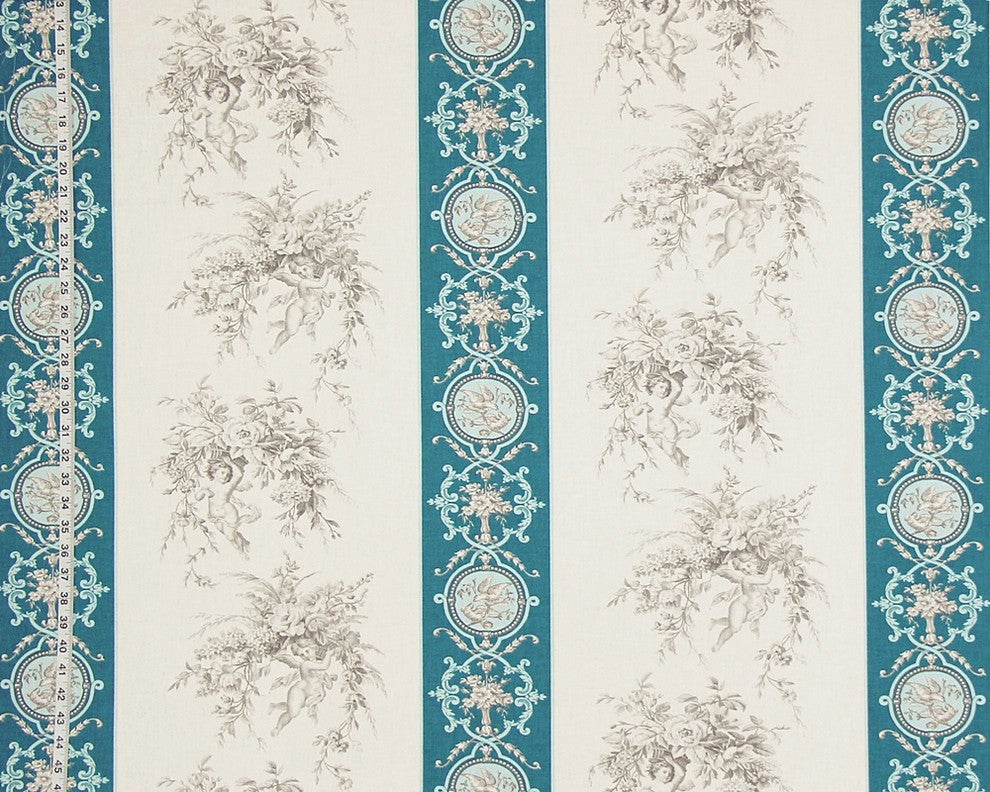 French Angel Toile Fabric Teal Blue Stripe, Standard Cut