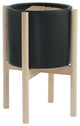 Large Ceramic Cylinder Pot 10" Black With Wood Plant Stand Natural Color