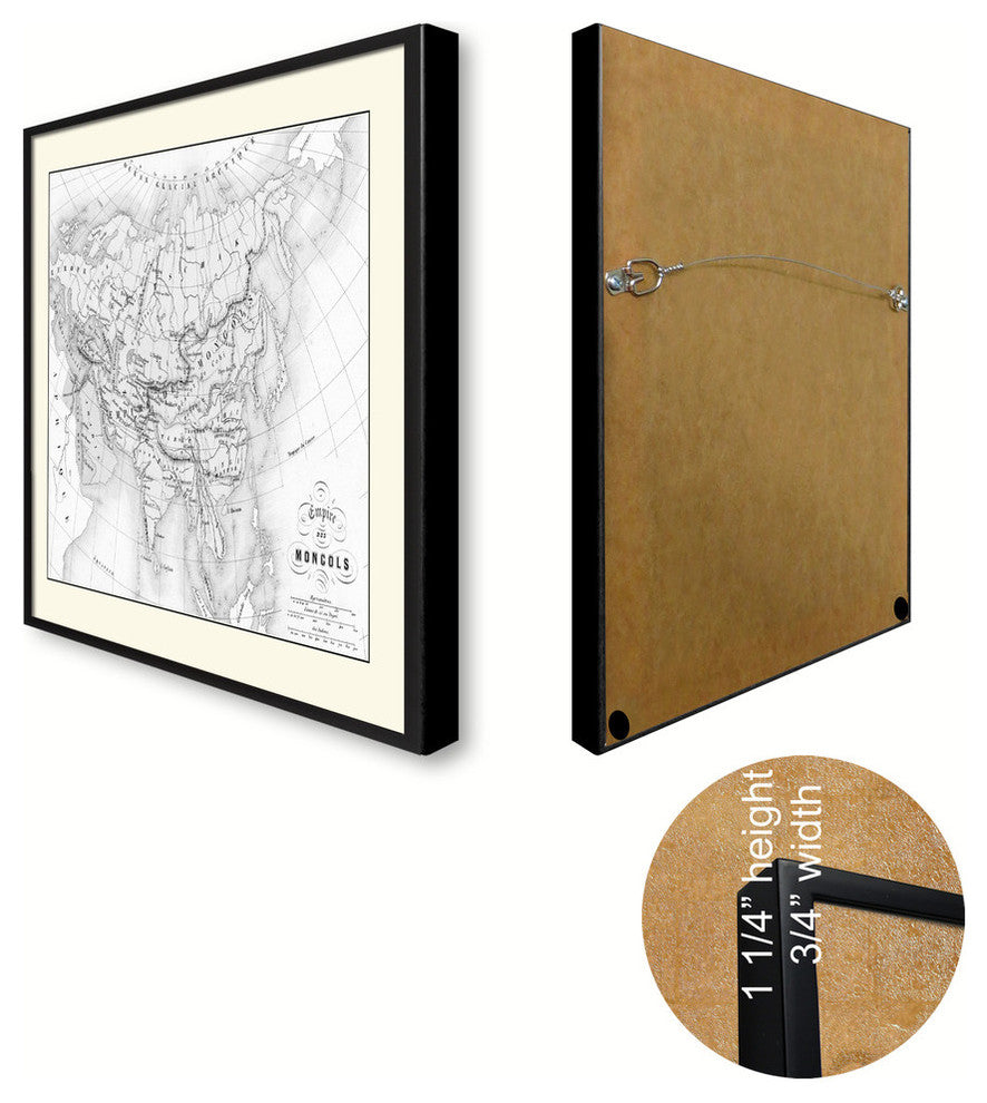 Mongolian Empire Asia Map Print On Canvas With Black Custom Frame, 28" X 37"