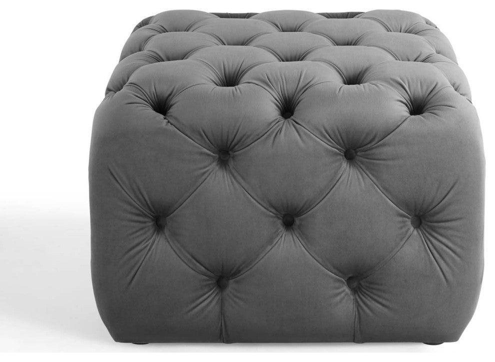 Tufted Accent Chair Ottoman, Square, Velvet, Gray, Modern, Lounge