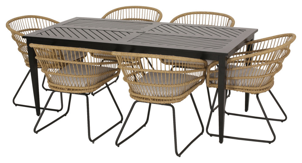 Bernay Outdoor Wicker and Aluminum 7 Piece Dining Set With Cushion, Light Brown