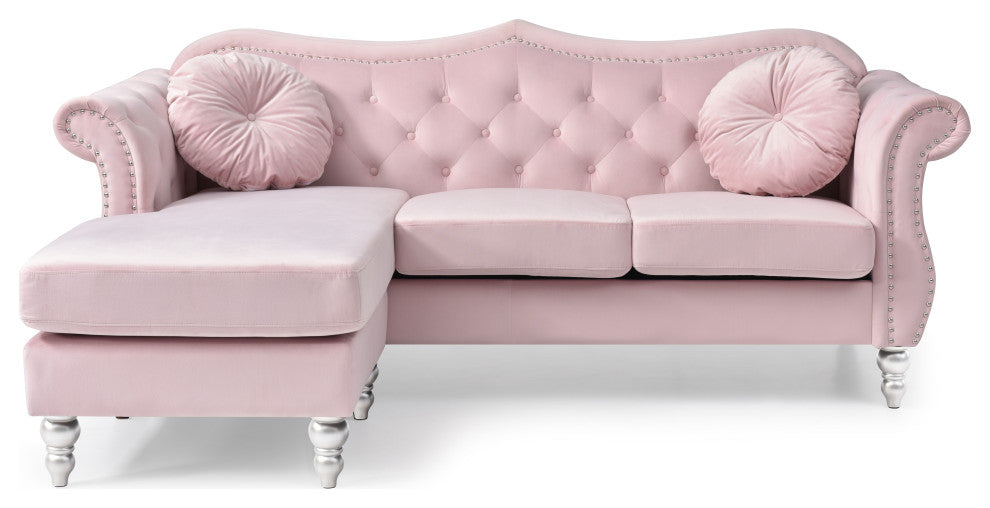 Hollywood Velvet Tufted sofa With Reversible Chaise, Pink