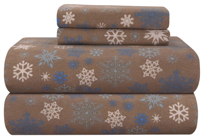 Pointehaven 170 Flannel Sheet Set, Snow Flakes Brown, Twin