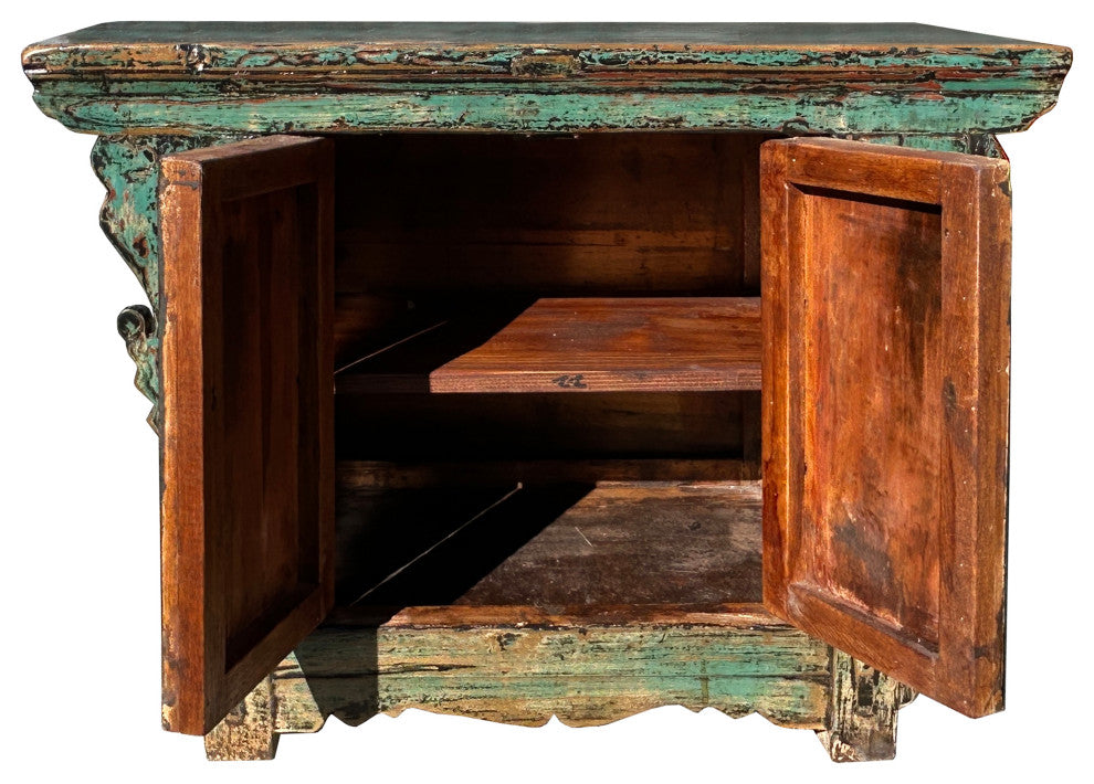 Vintage Distressed Teal Blue Green Carved Apron Low Console Table