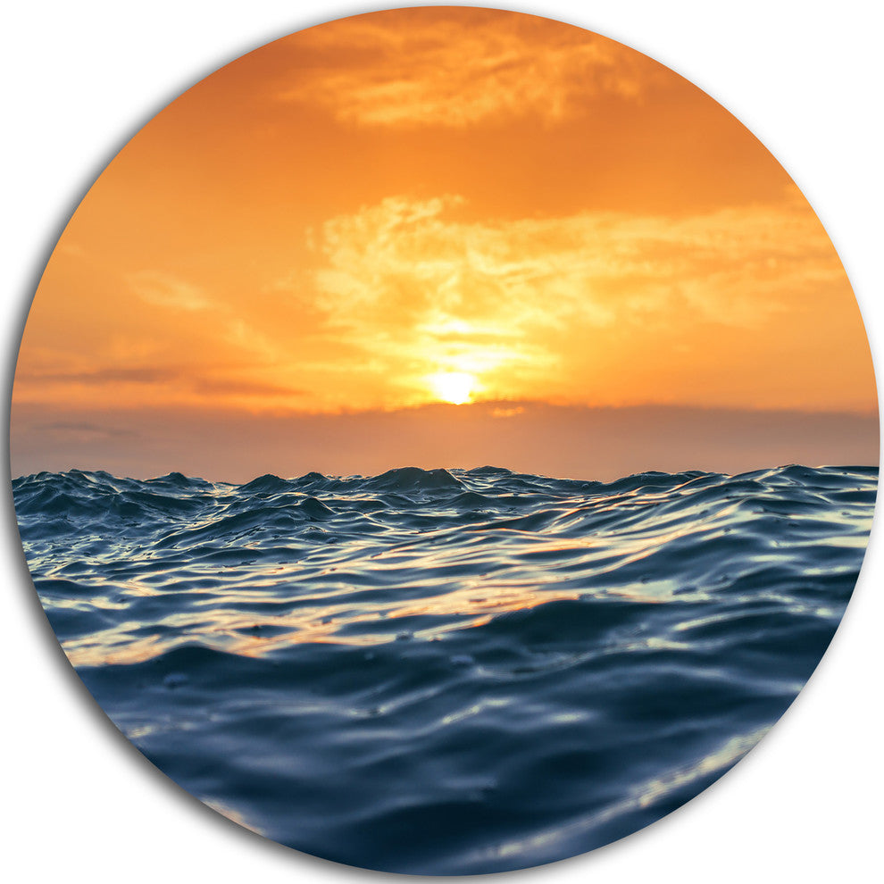 Blue Waves Dancing At Yellow Sunset, Beach Round Wall Art, 23"
