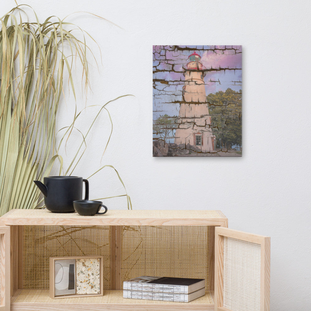 Faux Wood Texture Marblehead Lighthouse at Sunset Canvas Prints, 16" X 20"