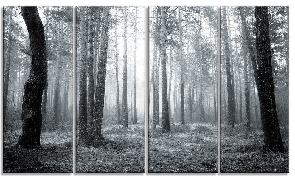 Black and White Foggy Forest, Forest Canvas Art Print, 48"x28", 4 Panels