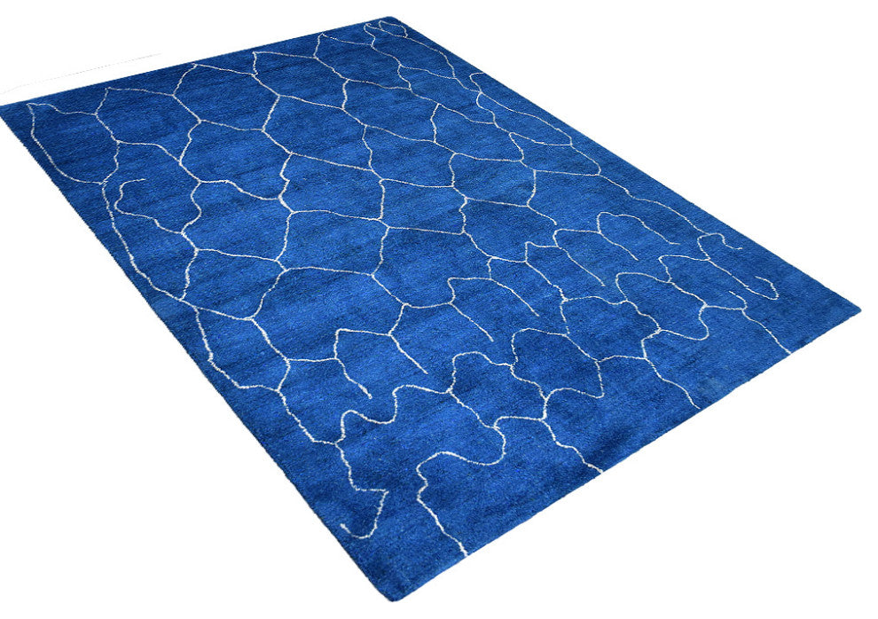 HAND KNOTTED LOOM SILK AREA RUGS-8'x10',Rectangle,Blue White,Contemporary