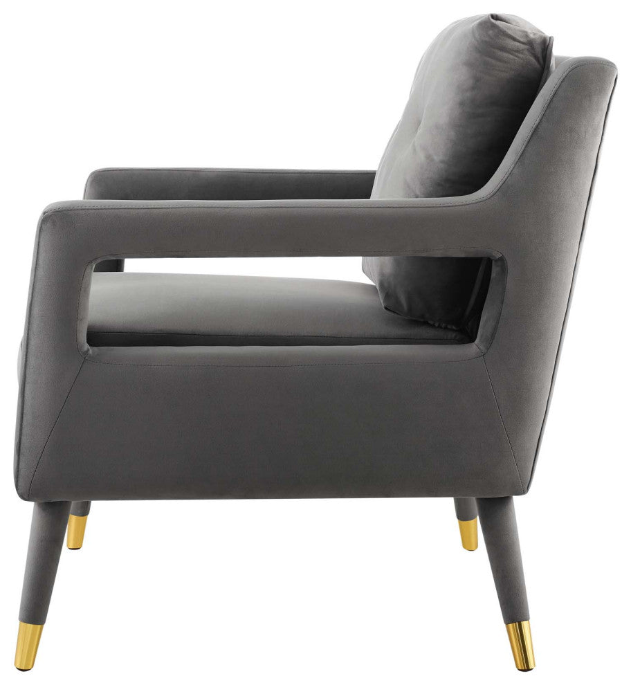 Modern Lounge Accent Side Chair Armchair, Velvet Fabric Wood, Grey Gray