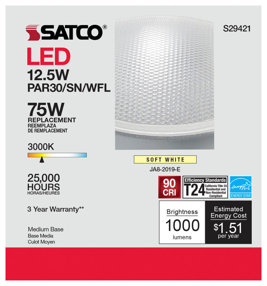 12.5 Watt PAR30SN LED 3000K 60 Degree Beam Angle Medium Base 120 Volt