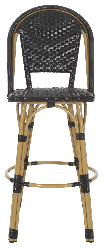 Cotterell Outdoor French Wicker and Aluminum 29.5" Barstools, Set of 2, Black/Bamboo Finish