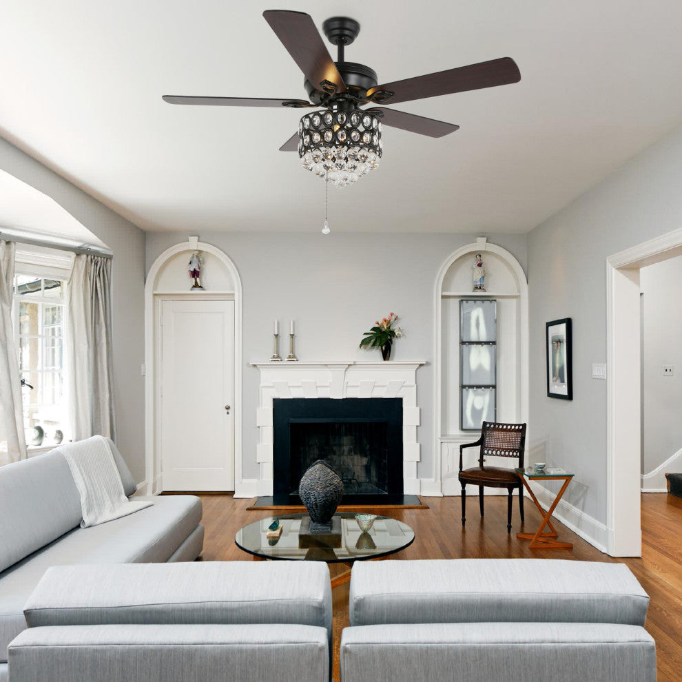 52" Modern Silver Crystal Ceiling Fan 6-speed with Dimmable Light and Remote, Black, 52"