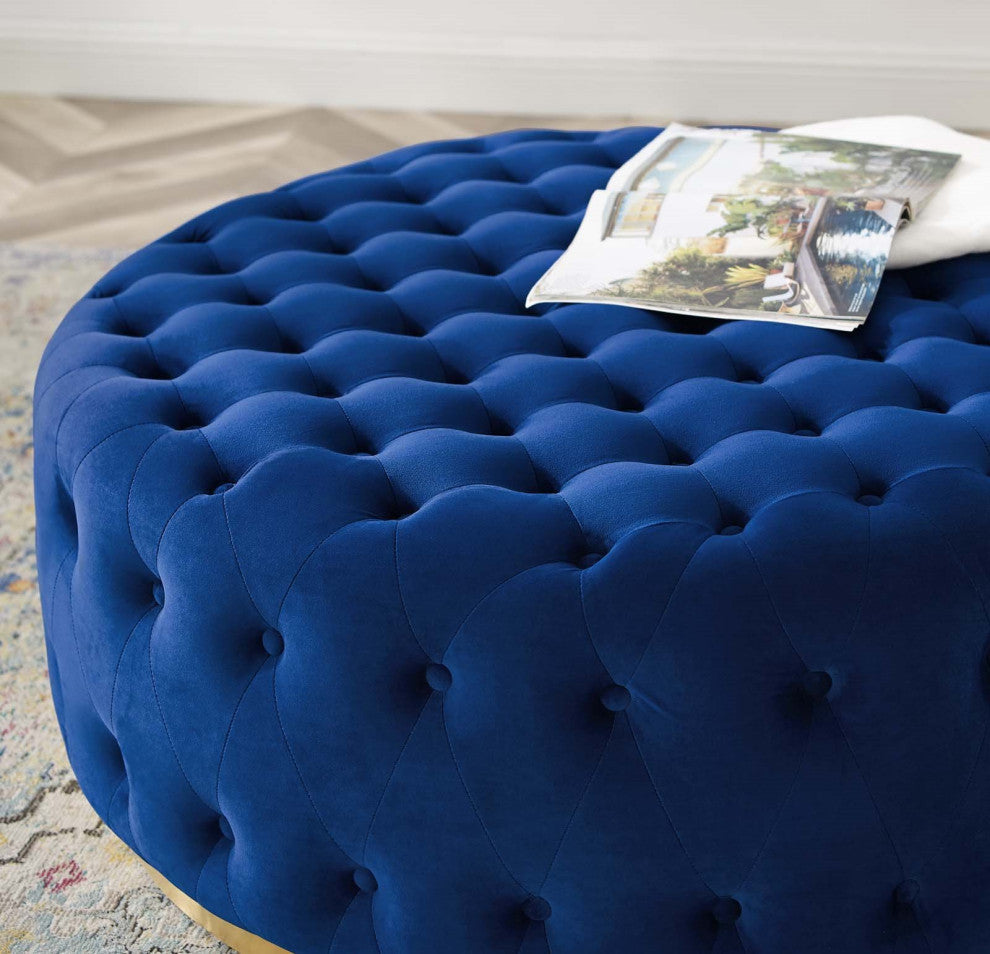Tufted Accent Chair Ottoman, Round, Velvet, Blue Navy, Modern, Lounge