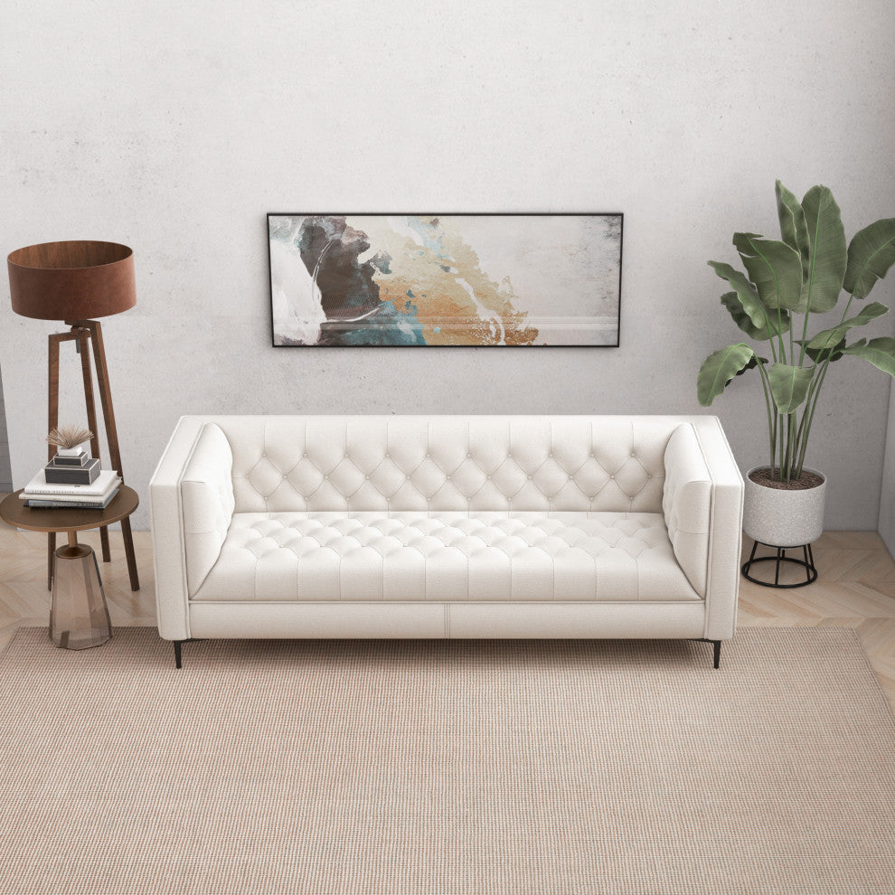 Houston Mid-Century Modern Luxury Chesterfield French Boucle Sofa, Cream