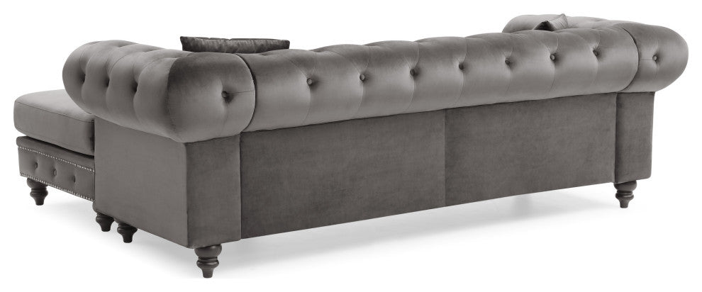 Nola 98 in. Velvet L-Shape 3-Seater Sofa With 2-Throw Pillow, Dark Gray