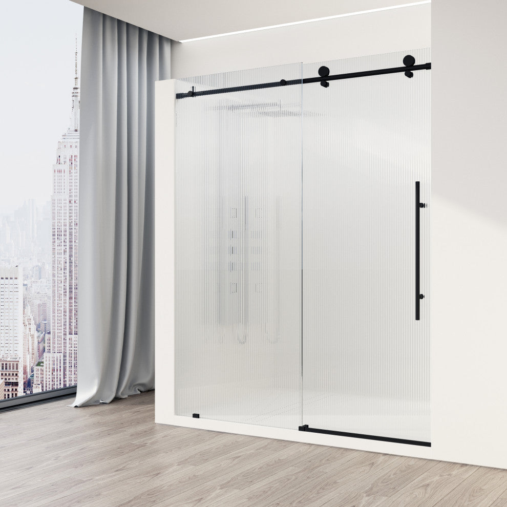 VIGO Elan E-Class 56" to 60" W x 76" H Frameless Sliding Shower Door, Matte Black, Fluted Glass, Right