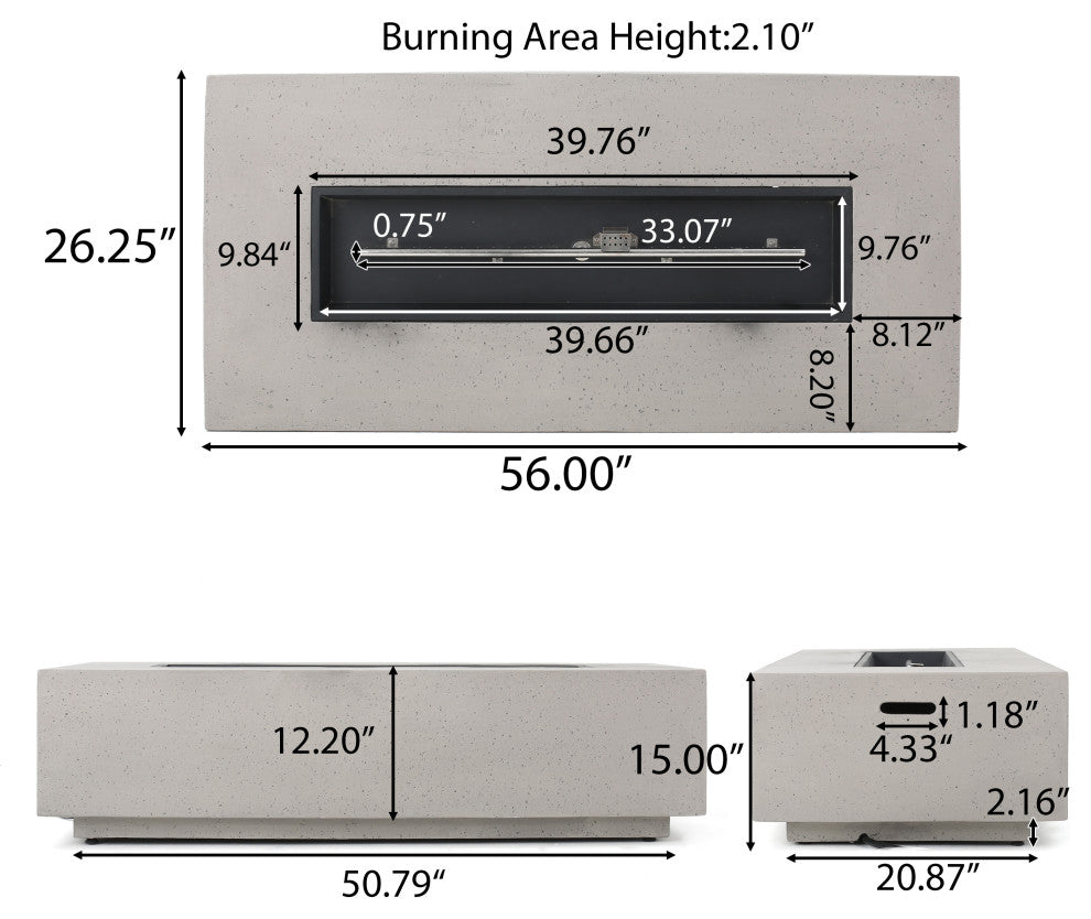 Hearth Outdoor 50,000 BTU Rectangular Fire Pit, No Tank Holder, Light Gray, Lig
