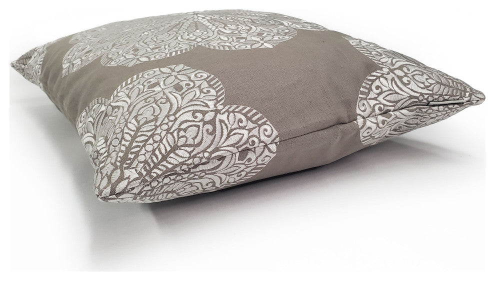 Mancini Medallion Embroidered 16x24 Throw Pillow, Dark Taupe and Silver