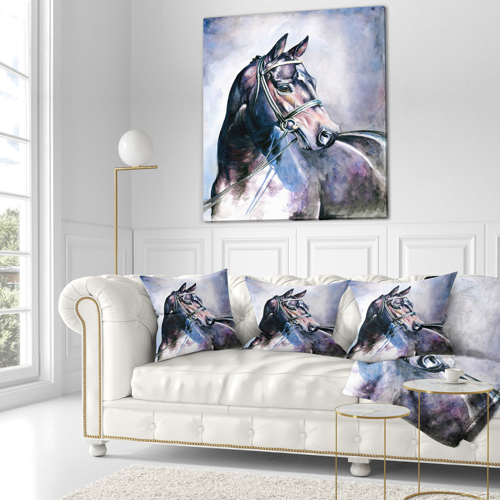 Black Horse With Bridle Abstract Throw Pillow, 16"x16"