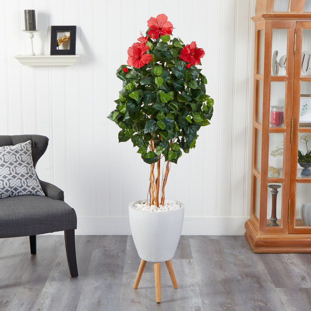58" Hibiscus Artificial Tree, White Planter With Stand
