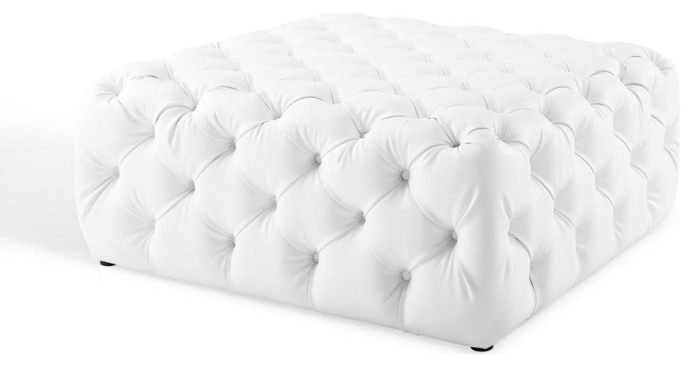 Tufted Accent Chair Ottoman, Square, Faux Leather, White, Modern, Lounge