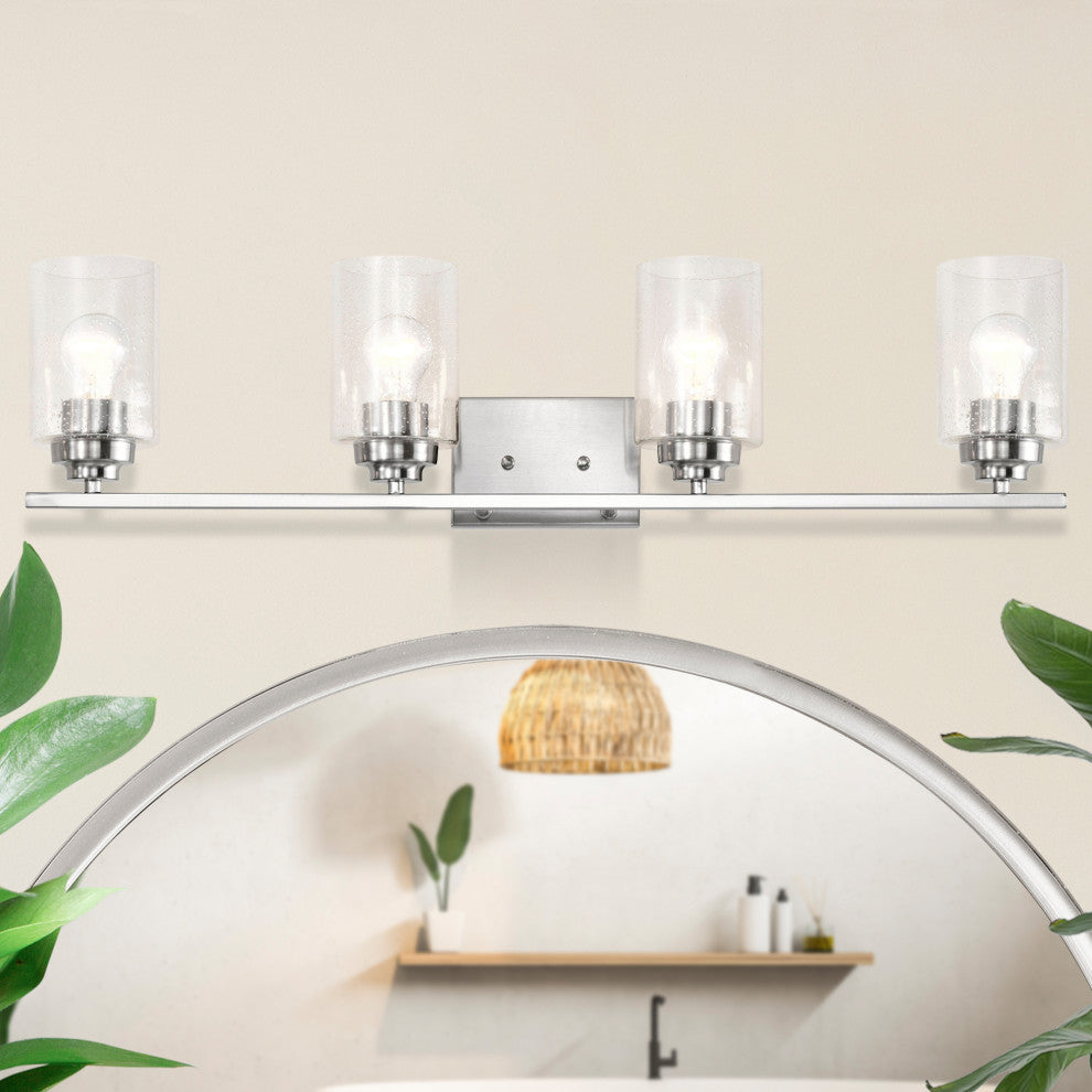 4-Light Brushed Nickel Vanity Light With Seedy Glass Shades
