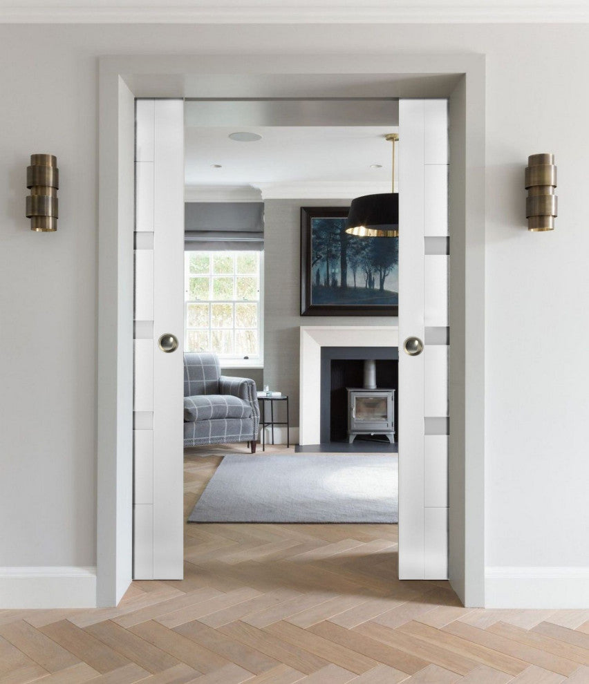 Interior Double Pocket Doors 48x80 in Opaque Glass | Sete 6900 White Silk