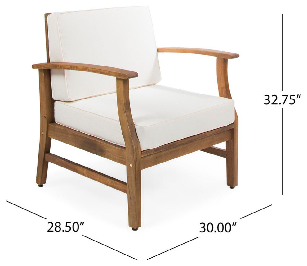 GDF Studio Pearl Outdoor Teak Acacia Wood Club Chairs With Cushion, Cream, Set of 4