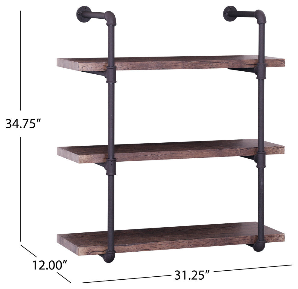 GDF Studio Caden Industrial Three Tier Faux Wood Wall-Mounted Shelf, Dark Brown/