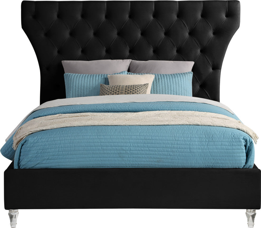 Kira Velvet Upholstered Bed, Black, Queen