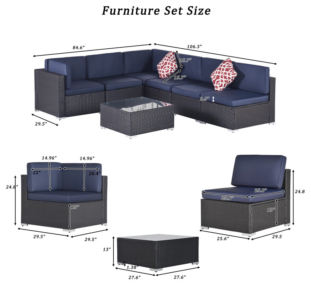 7 Pieces Outdoor Wicker U-Shaped Patio Sectional With Cushions, Dark Blue