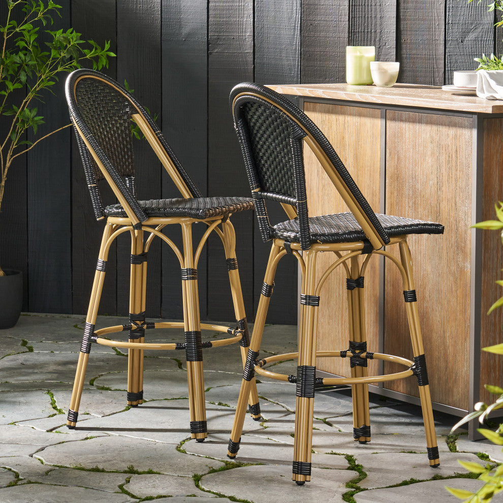Cotterell Outdoor French Wicker and Aluminum 29.5" Barstools, Set of 2, Black/Bamboo Finish