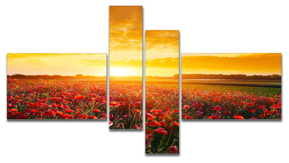 Poppy Field under Ablaze Sunset, Abstract Wall Art Canvas, 60"x32", 4 panels