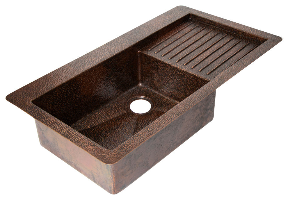 40" Drop-in Single Bowl Hammered Copper Kitchen Sink w/ Wringer, 16 Gauge