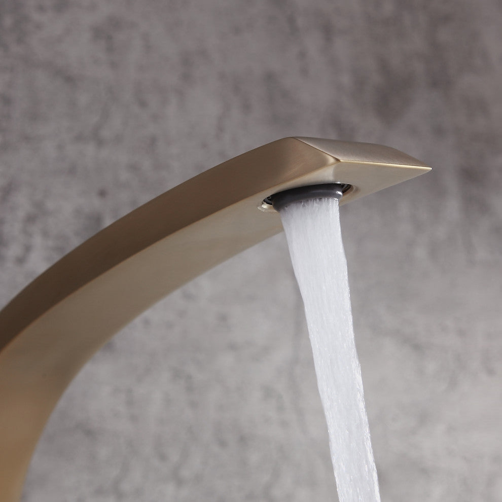 Single Hole 1-Handle Bathroom Sink Faucet Curved Spout with Pop Up Drain, Brushed Gold