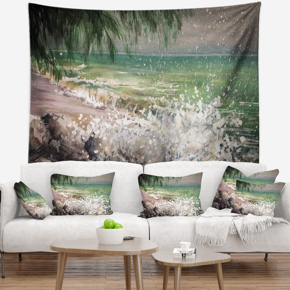 Rocky Seashore with White Waves Seashore Wall Tapestry, 80"x68"