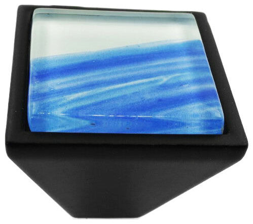 Hand Brushed Blue Tilted Stroke Crystal Glass Black Metal Square Frustum Knob