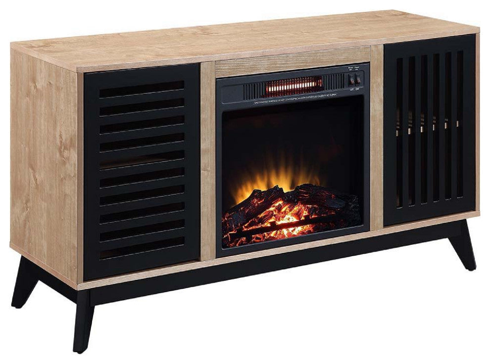 Benzara BM274623 47" Wood Console Table, LED Electric Fireplace, Oak Brown/Black